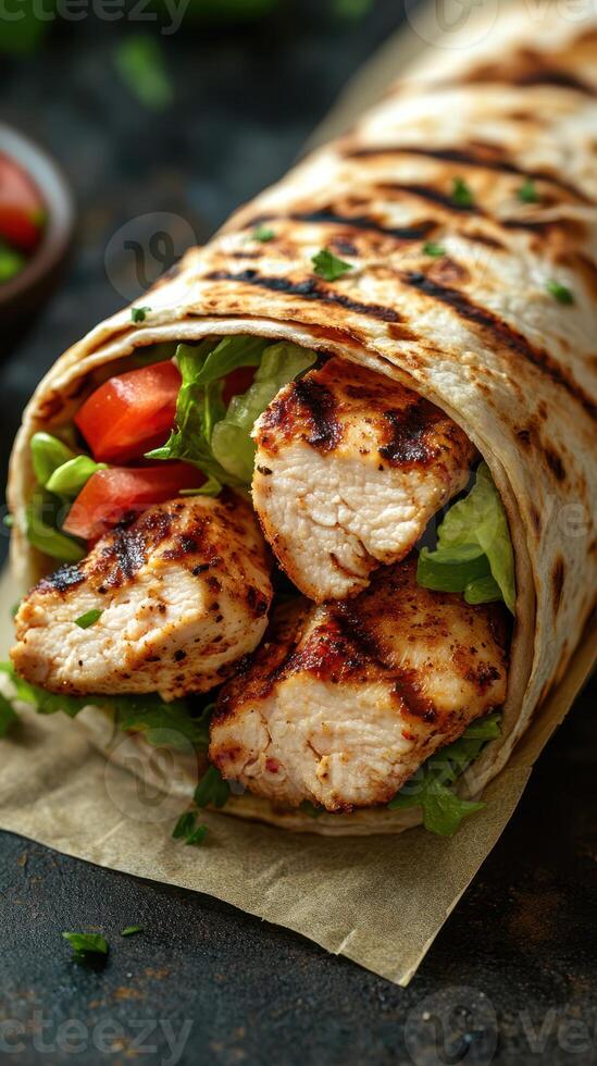 Grilled chicken wrap filled with fresh vegetables served on a rustic table during lunchtime photo