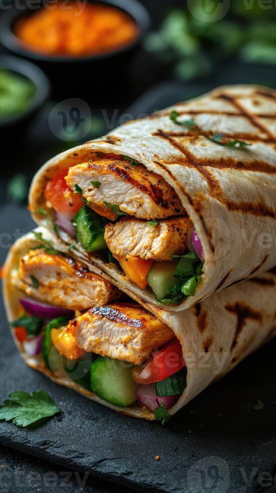 Grilled chicken wraps filled with fresh vegetables served on a dark stone plate photo