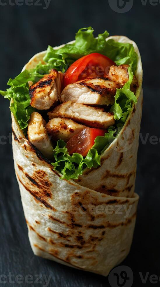 Grilled chicken wrap with fresh lettuce and tomatoes served on a dark background photo
