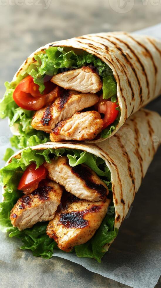 Grilled chicken wraps with fresh lettuce and tomatoes served on parchment paper photo