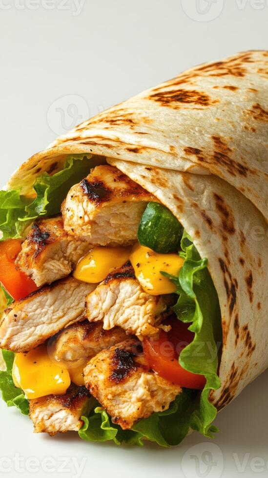Grilled chicken wrap with fresh vegetables and melted cheese ready to be enjoyed photo