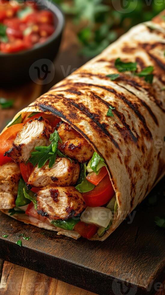 Grilled chicken wrap filled with fresh vegetables served on a rustic wooden table photo