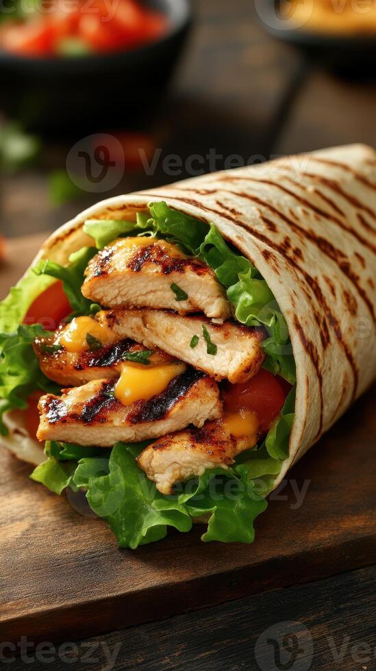 Delicious grilled chicken wrap filled with fresh vegetables on a wooden surface in a cozy setting photo