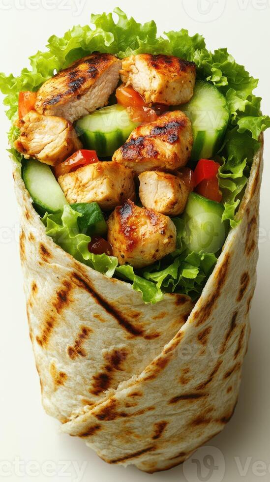 Grilled chicken wrap with crunchy vegetables and fresh greens served on a white plate photo