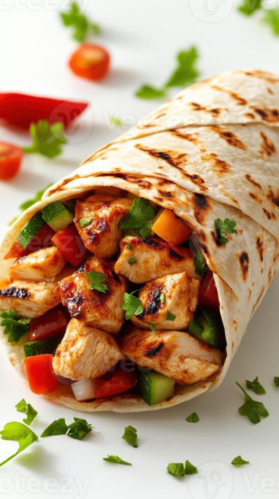 Grilled chicken wrap filled with fresh vegetables and herbs, perfect for a healthy meal option photo