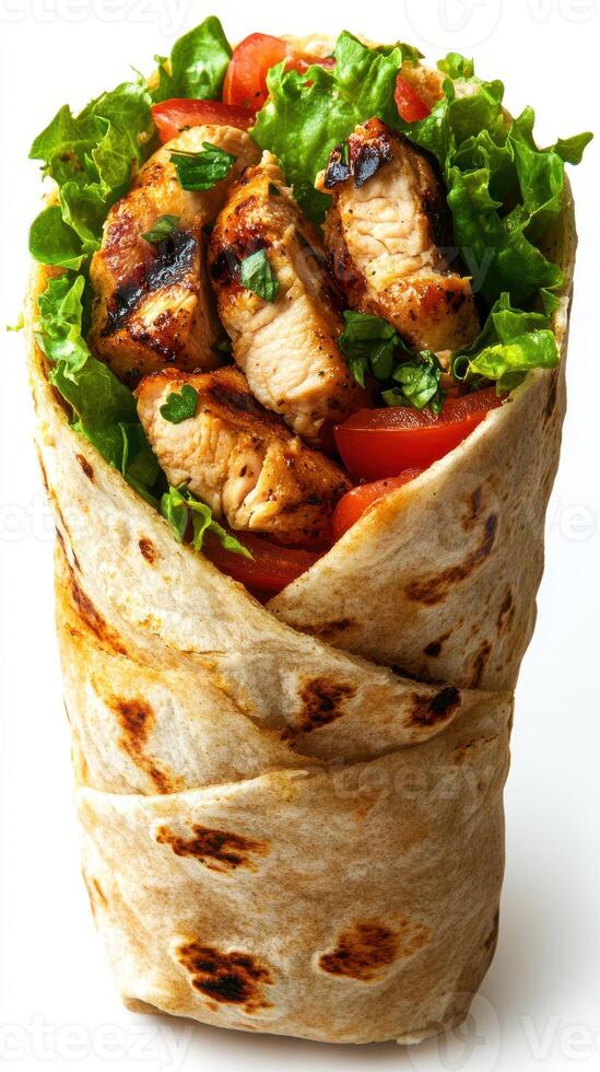 Delicious grilled chicken wrap filled with fresh vegetables served on a white background photo