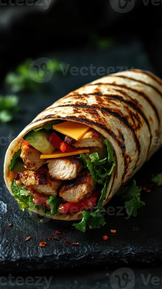 Delicious grilled chicken wrap garnished with fresh vegetables and spices on a slate surface photo
