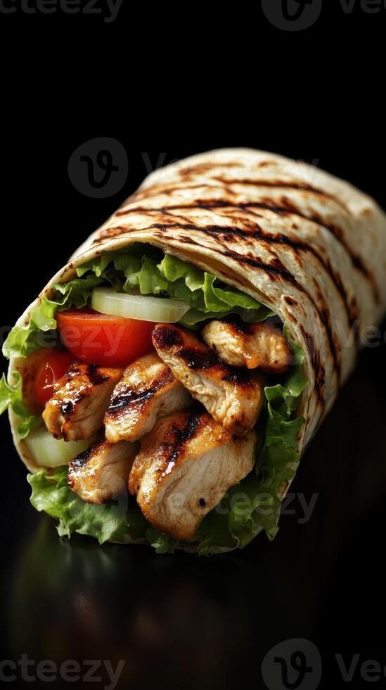Grilled chicken wrap with fresh vegetables and tortilla served on a dark background photo