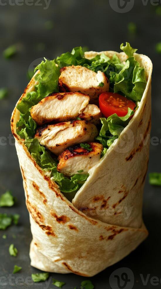 Grilled chicken wrap with fresh lettuce and tomato served on a dark background photo