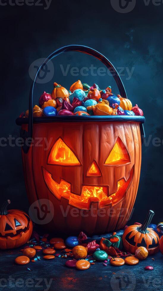 Vibrant Halloween pumpkin bucket overflowing with colorful candy and spooky decorations for festive celebration photo