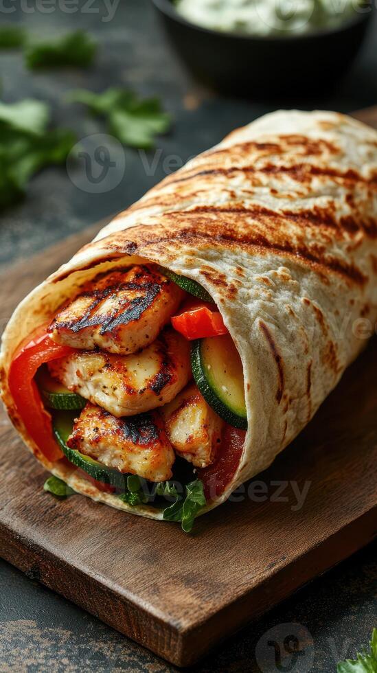 Freshly grilled chicken wrap with vegetables served on a wooden board in a cozy setting photo