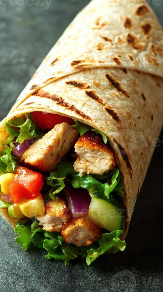Grilled chicken wrap full of fresh vegetables ready to be enjoyed for lunch or a quick snack photo