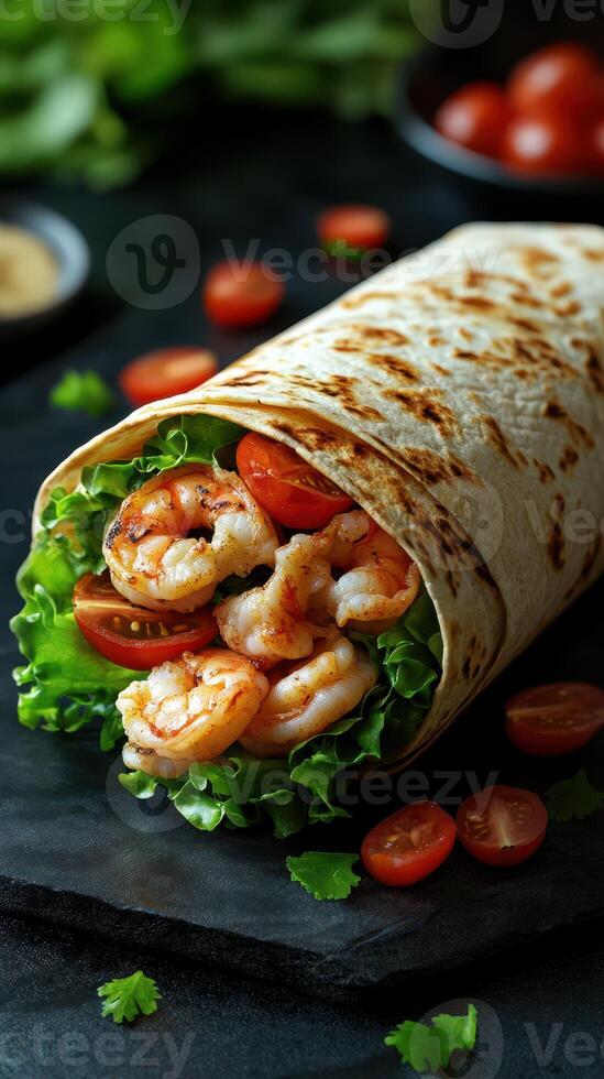 Fresh shrimp wrap with crisp lettuce and cherry tomatoes served on a dark stone plate in a casual setting photo