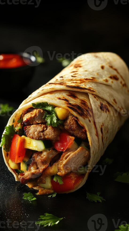 Delicious chicken wrap filled with fresh vegetables and herbs served in a rustic setting photo