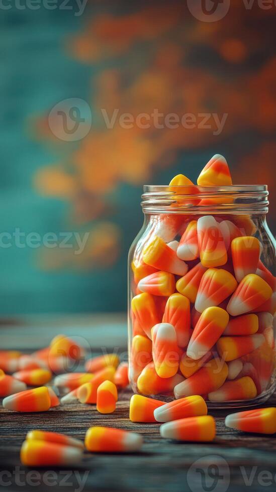 Colorful candy corn fills a glass jar with a rustic wooden backdrop during autumn festivities photo