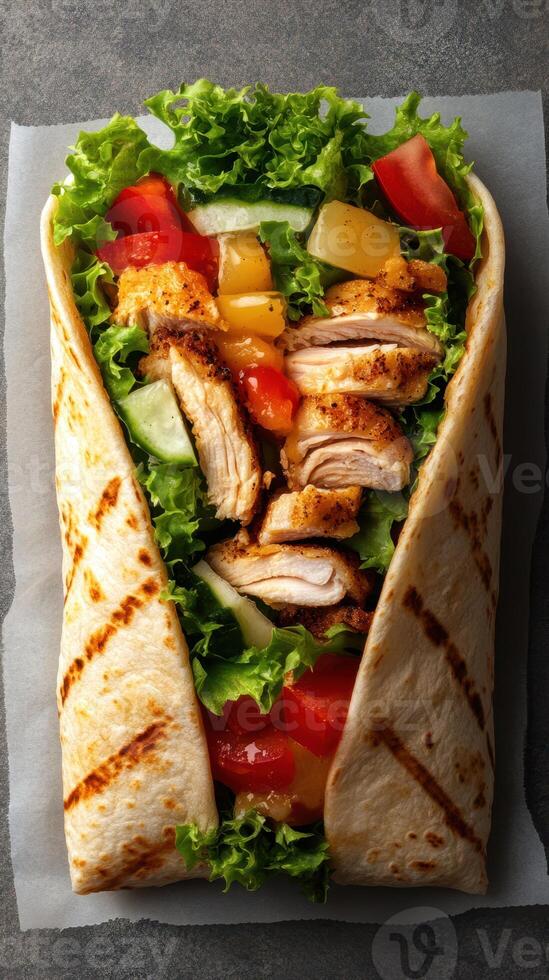 Delicious grilled chicken wrap filled with fresh vegetables served on a lettuce bed photo