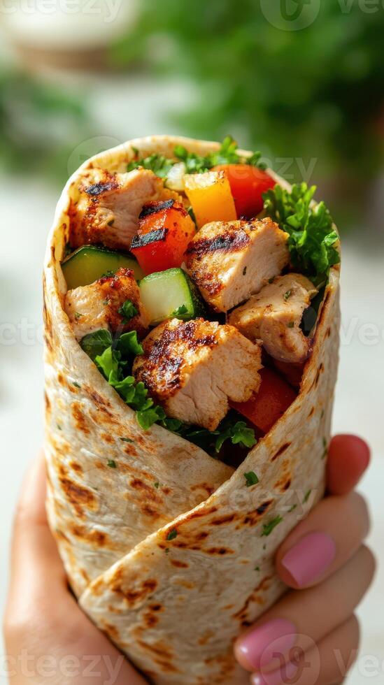 Delicious grilled chicken wrap filled with fresh vegetables and greens in a hand-held presentation photo