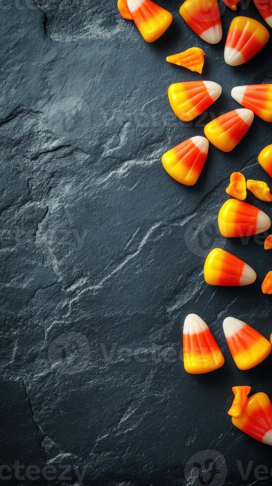 Colorful candy corn and orange snacks create a festive autumn display on a textured black background photo