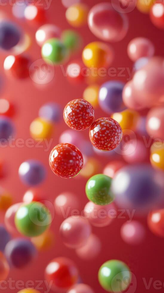 Colorful assortment of floating spheres on a vivid background creates a whimsical and playful atmosphere photo