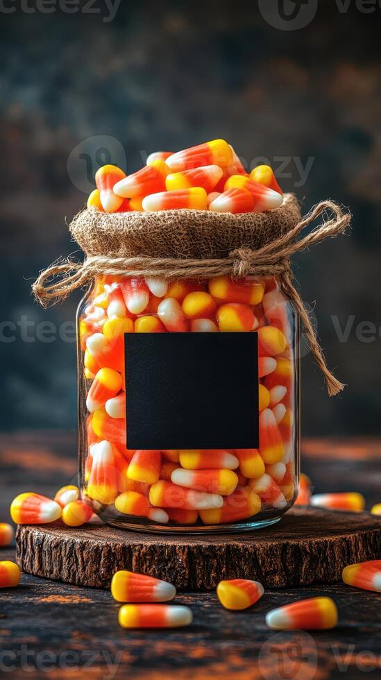 Colorful candy corn fills a glass jar with a rustic lid, creating a festive autumn display for seasonal celebrations photo