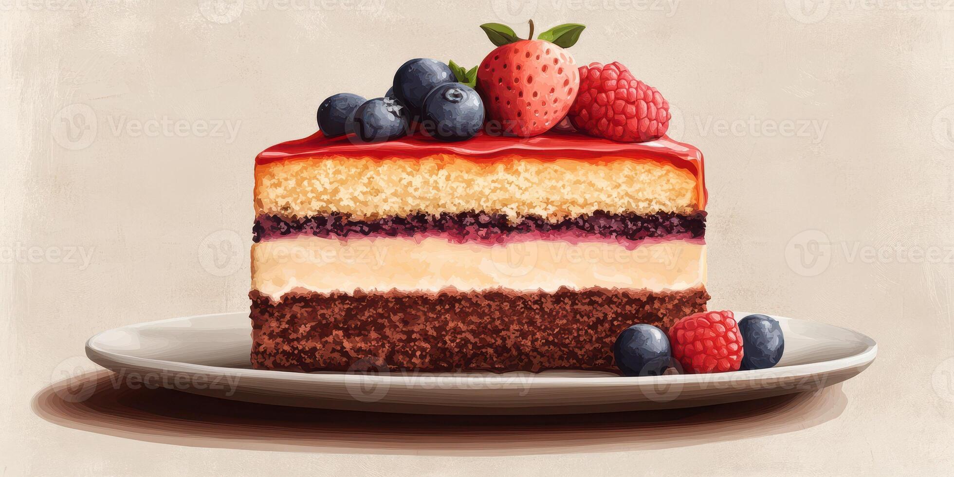 Delicious layered cake topped with fresh berries served on a plate in a cozy setting photo