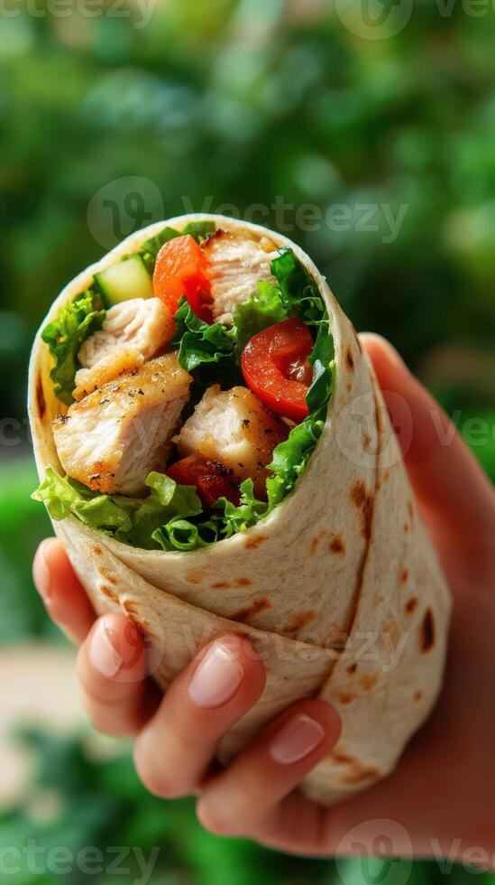 Freshly made grilled chicken wrap with vegetables held in a hand against a green background photo