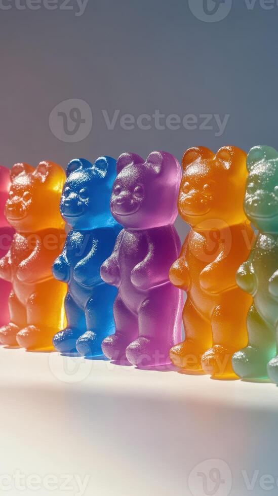 Colorful gummy bears arranged in a row showcasing vibrant hues under soft lighting photo