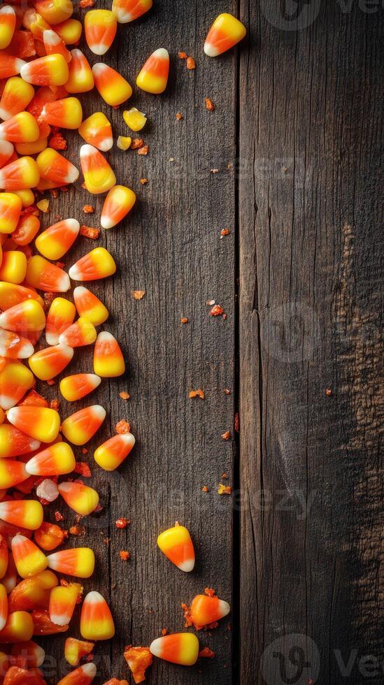 Colorful candy corn scattered on rustic wooden table creating a festive autumn atmosphere for seasonal celebrations photo