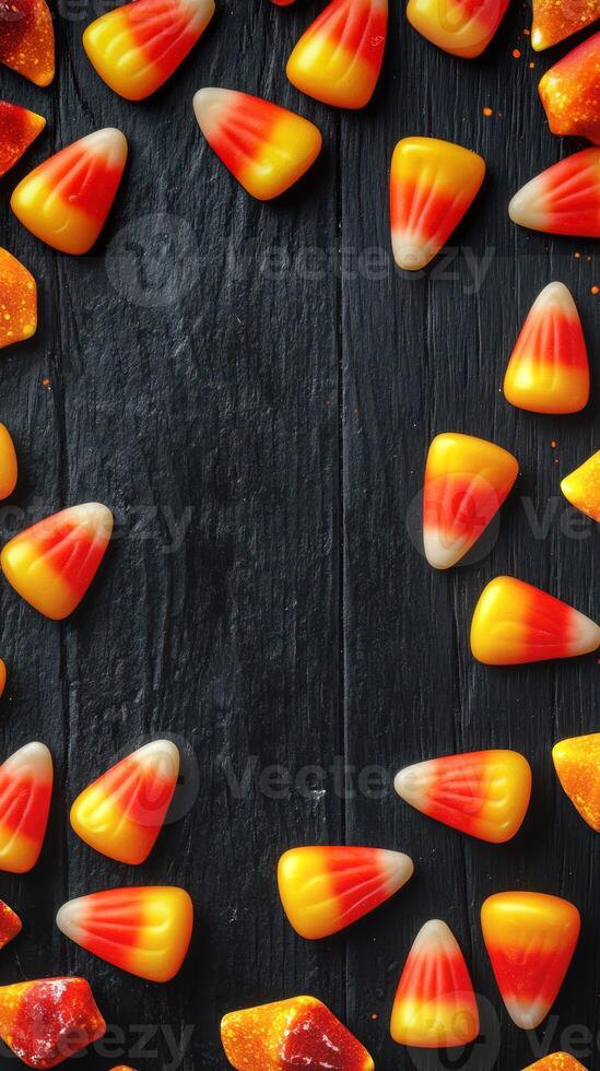 Colorful candy corn arranged around a dark wooden surface for festive autumn decoration photo