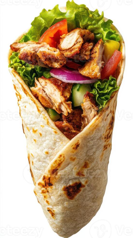 Chicken wrap filled with fresh vegetables and grilled chicken on a white background photo