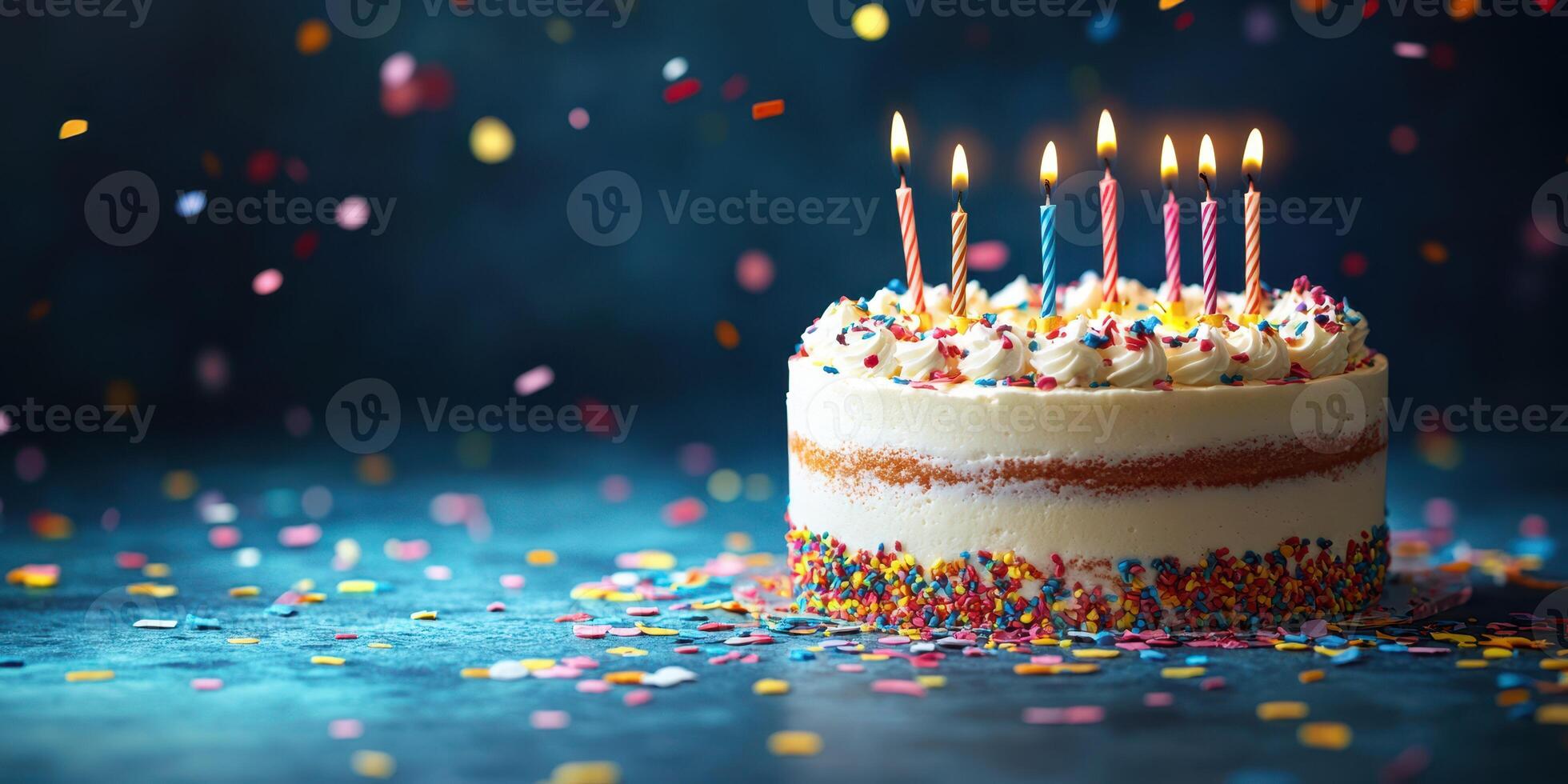 Celebrate with a colorful birthday cake adorned with candles and confetti during a joyful party atmosphere photo