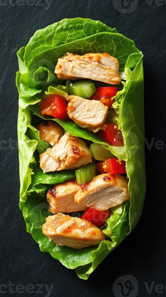 Grilled chicken lettuce wrap with fresh vegetables served on a black slate plate photo