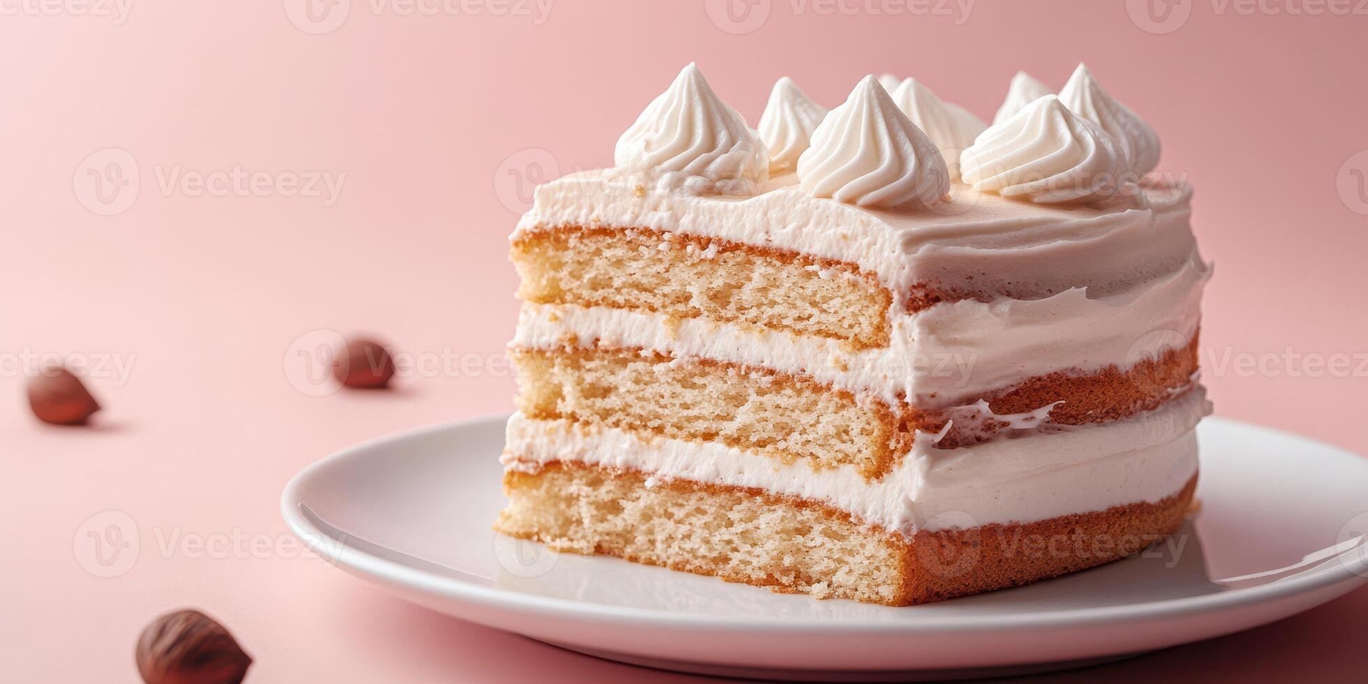 Delightful layers of cream and sponge cake served on a plate with pastel background in a cozy setting photo