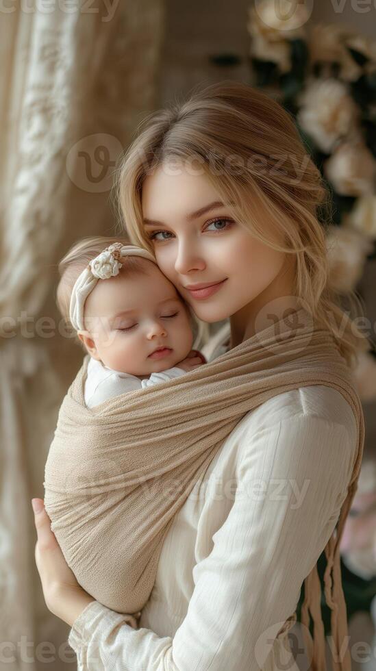 Mother holds her sleeping baby wrapped in a cozy sling at home during soft afternoon light photo