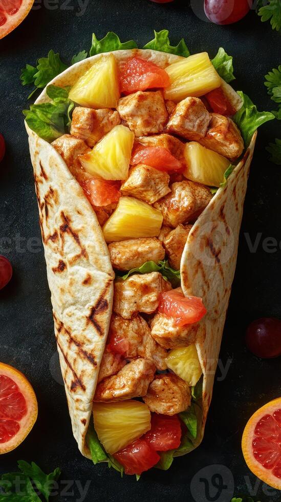 Delicious tortilla wrap filled with grilled chicken, fresh fruits, and vegetables on a rustic table photo