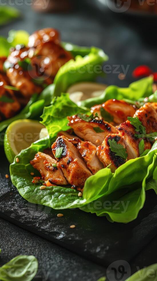 Grilled chicken lettuce wraps served with lime and garnished with fresh herbs on a black stone surface photo