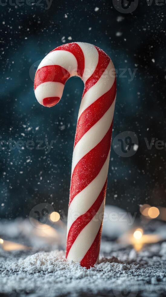 Colorful candy cane stands in snowy setting with soft lights during the holiday season photo