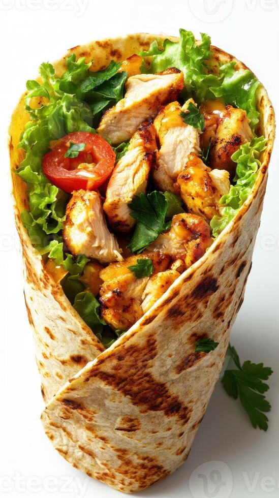 Grilled chicken wrap featuring fresh lettuce and tomatoes, enjoyed as a quick meal option photo
