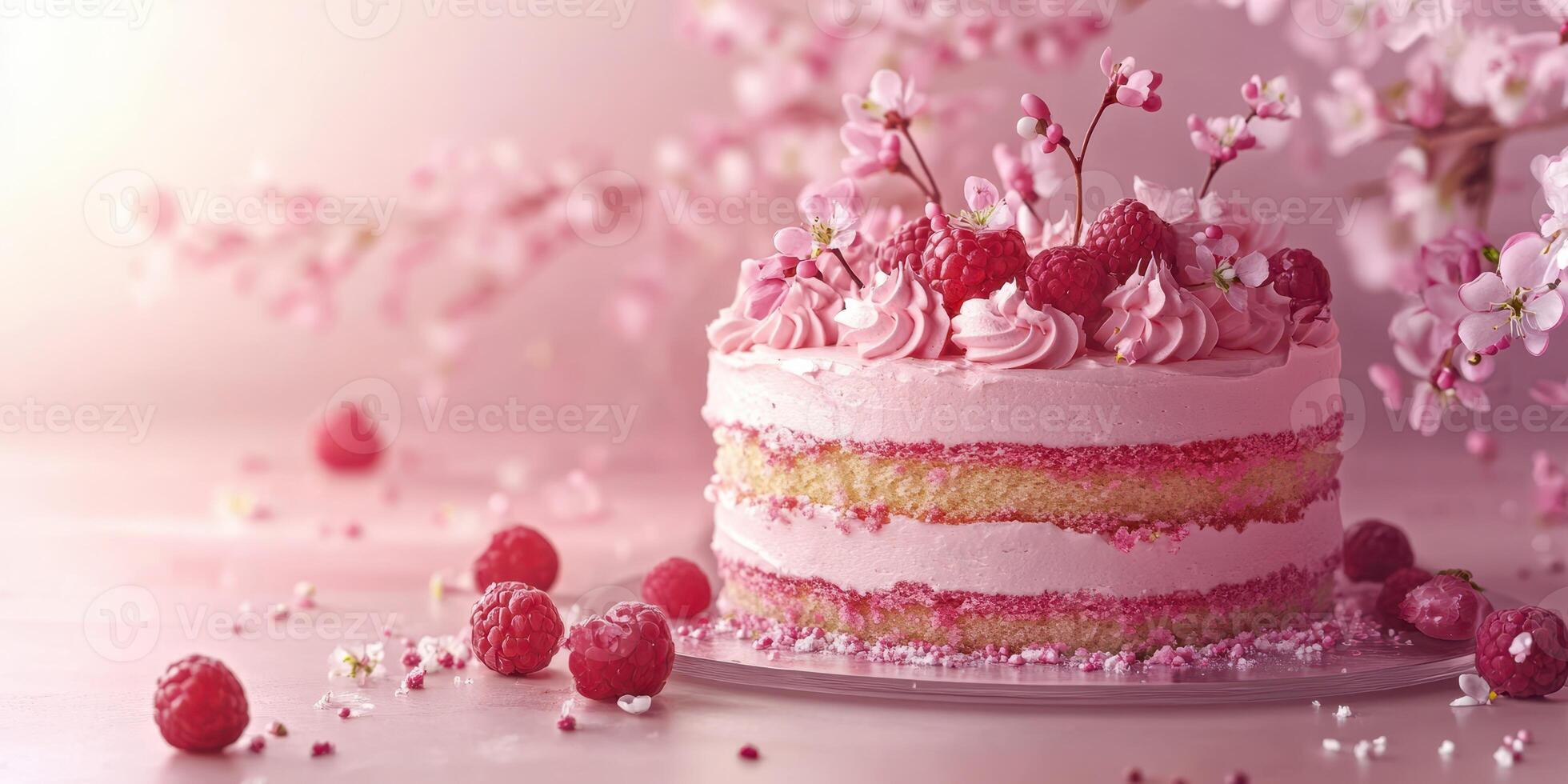 Celebration centerpiece featuring a delicious pink raspberry cake adorned with flowers and berries photo