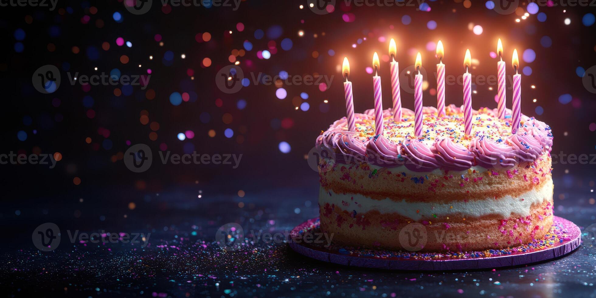 Festive birthday cake adorned with candles, colorful sprinkles, and a dark background filled with confetti photo