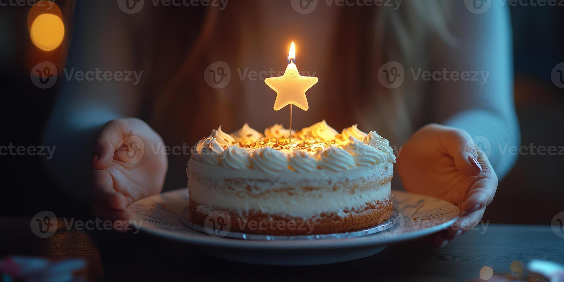 Celebrating a special occasion with a star-topped cake in an intimate setting during the evening photo