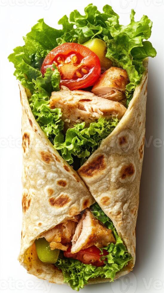 Fresh chicken wrap filled with crisp lettuce and tomatoes prepared for a healthy meal option photo