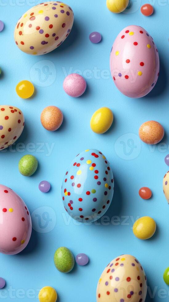 Colorful decorated eggs and candy on a blue background create a festive atmosphere for spring celebrations photo