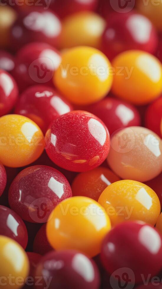 Colorful collection of shiny red, yellow, and orange spherical candies under soft light in a close-up view photo