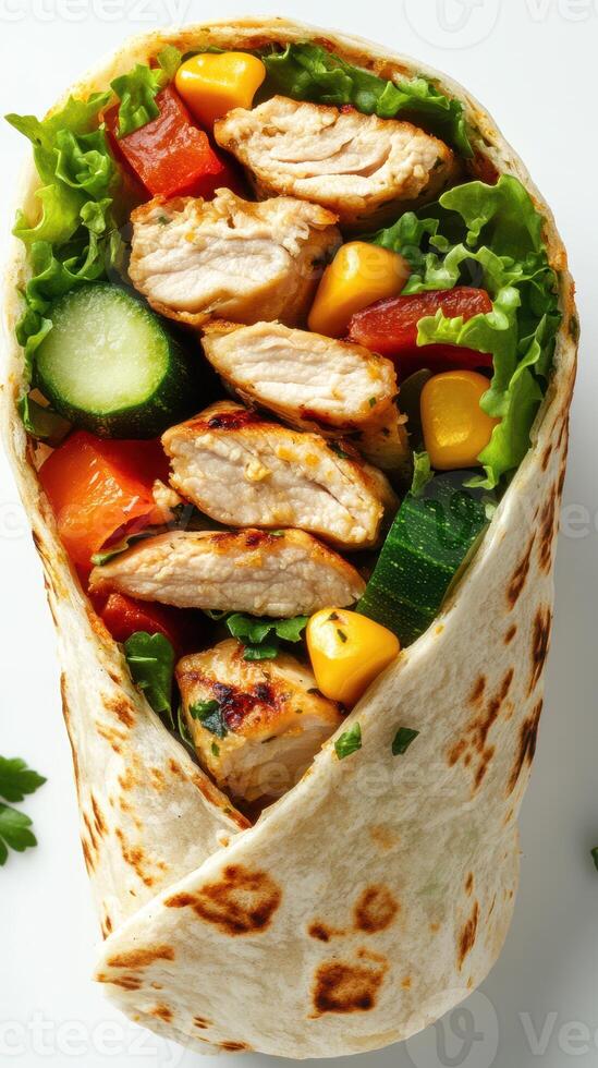 Delicious chicken wrap filled with fresh vegetables and herbs for a healthy meal option photo