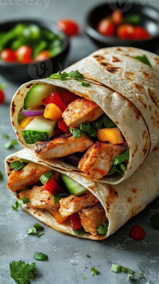 Delicious grilled chicken wraps with fresh vegetables and herbs ready to enjoy in a cozy setting photo