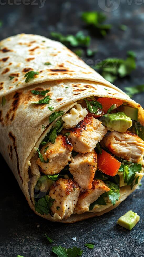 Grilled chicken wrap filled with fresh vegetables and herbs prepared in a cozy kitchen setting photo