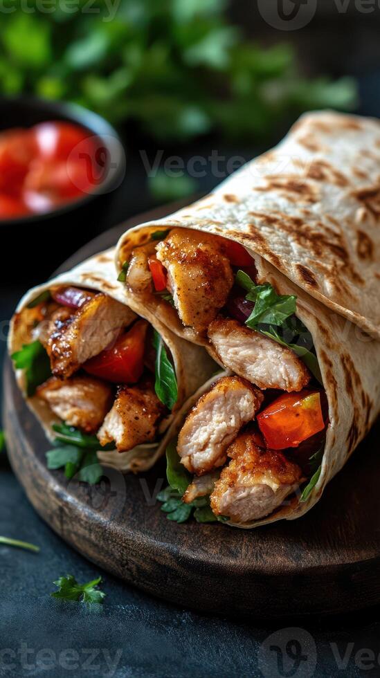 Delicious chicken wrap with fresh vegetables served on a wooden plate in a cozy setting photo