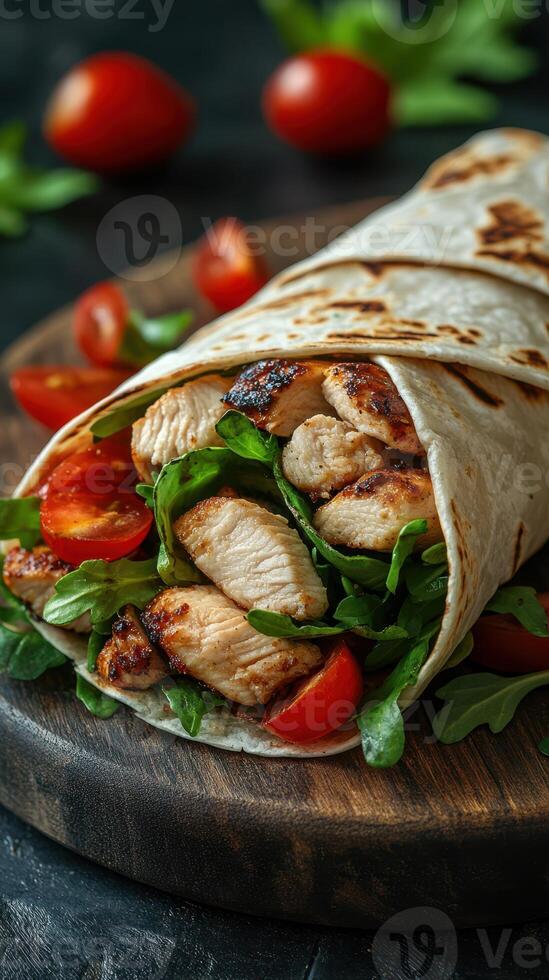 Grilled chicken wrap with fresh greens and tomatoes served on a wooden board photo