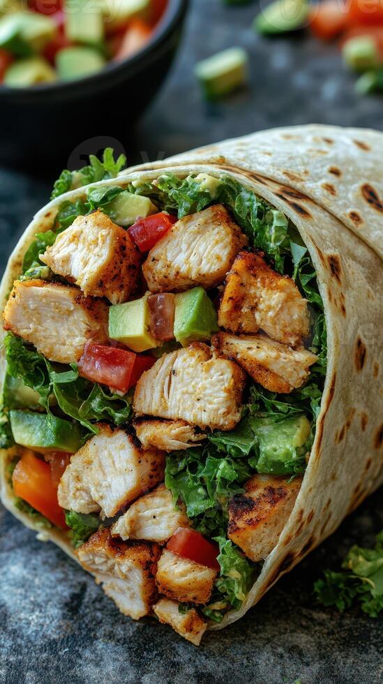 Delicious chicken wrap filled with fresh vegetables and savory spices ready for a quick meal any time photo